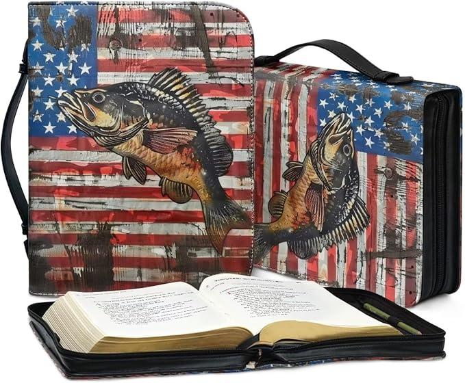 Lotusorchid Bass Fish Print Bible Cover Case, Zippered Bible Carrying Case for Women Girls, American Flag Bible Tote Bag Sturdy Bible Book Cover for Bible Study, Christian Bible Accessories, 2XL