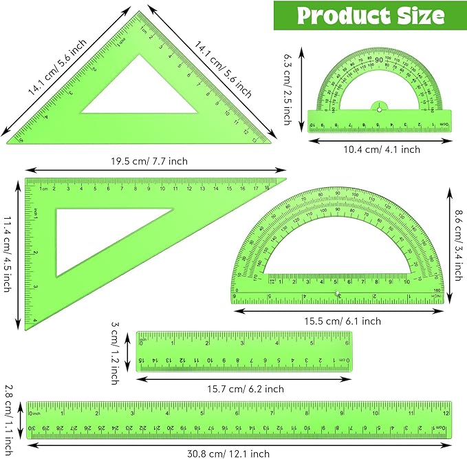Tenare 6 Pcs Plastic Ruler Math Set Includes 12 Inch 6 Inch Straight Ruler Protractor Triangle Rulers Geometry Transparent Math Ruler Measuring Tools for School Office Home(Green)