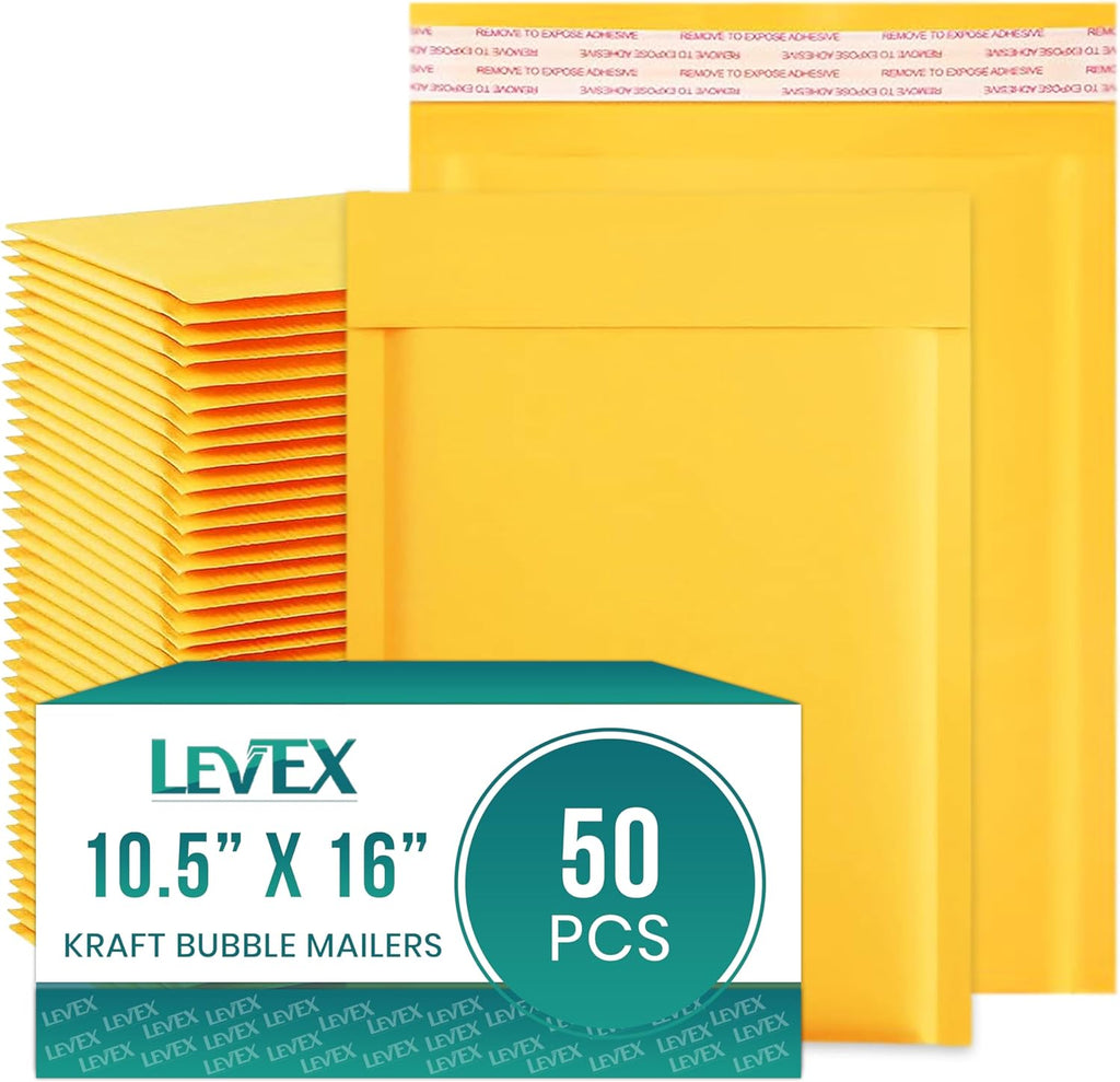 Levex - #5 10.5" x 16 [50 Pack) Kraft Bubble Mailers, Padded Envelope Mailers, Packing Envelope & Mailing Bags for Shipping
