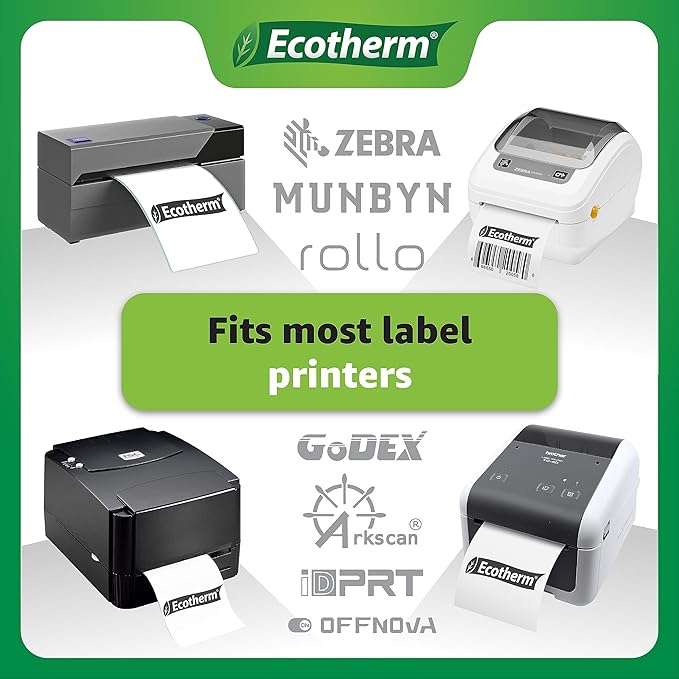 4" x 1" Thermal Labels | 6 Rolls | 15000 Labels | fits Zebra, Munbyn, Rollo, Godex, Arkscan, iDPRT, Offnova Thermal Label Printers and More | Blank White Adhesive Stickers by Ecotherm