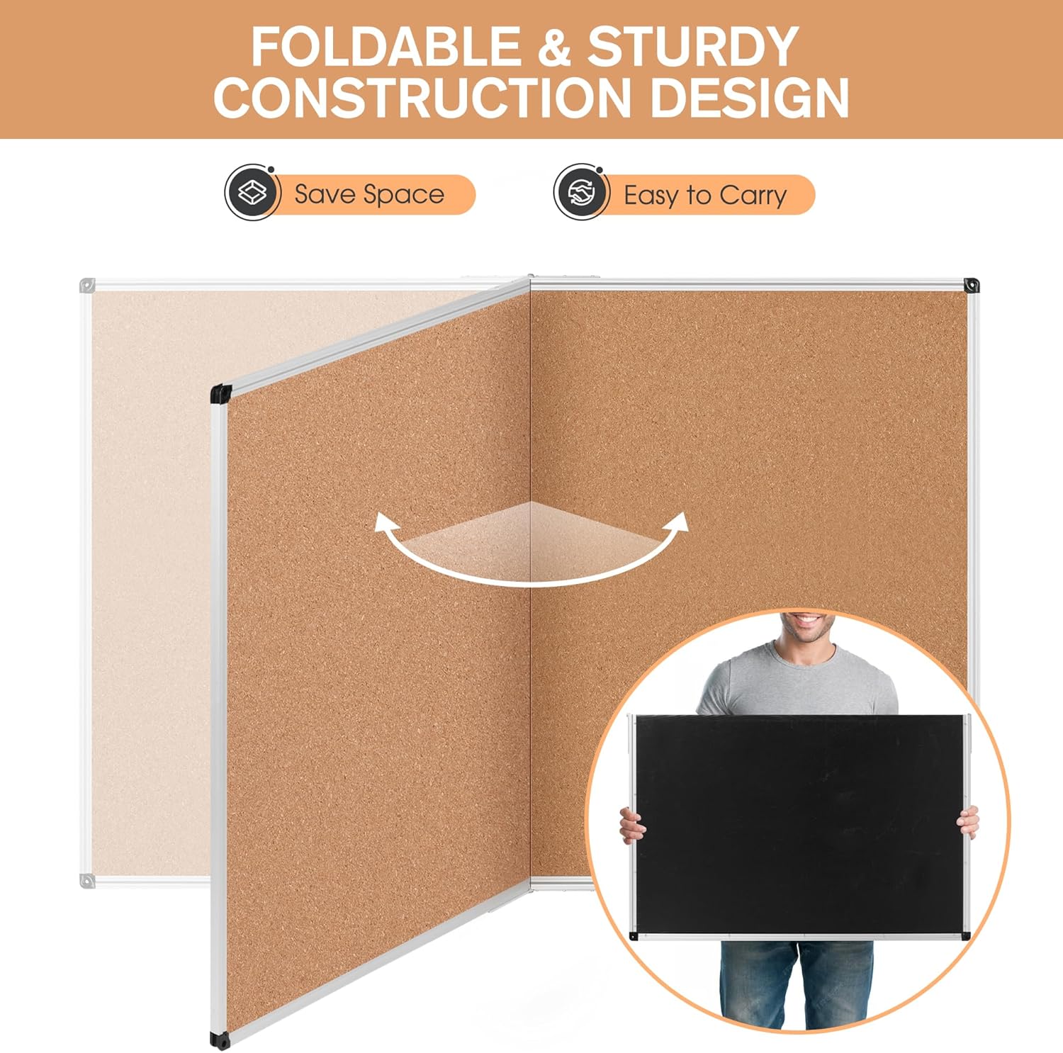 Board2by Extra Large Cork Bulletin Board 60" X 48", Foldable Notice Pin Board for Wall, Silver Aluminum Framed 5'x4' Corkboard, Wall Mounted Noticeboard with 36 Push Pins for School, Home & Office