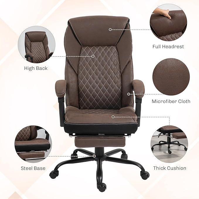 HOMCOM Executive Office Chair with Foot Rest, Ergonomic Desk Chair, Reclining Swivel Chair with High Back and Adjustable Height, Dark Brown