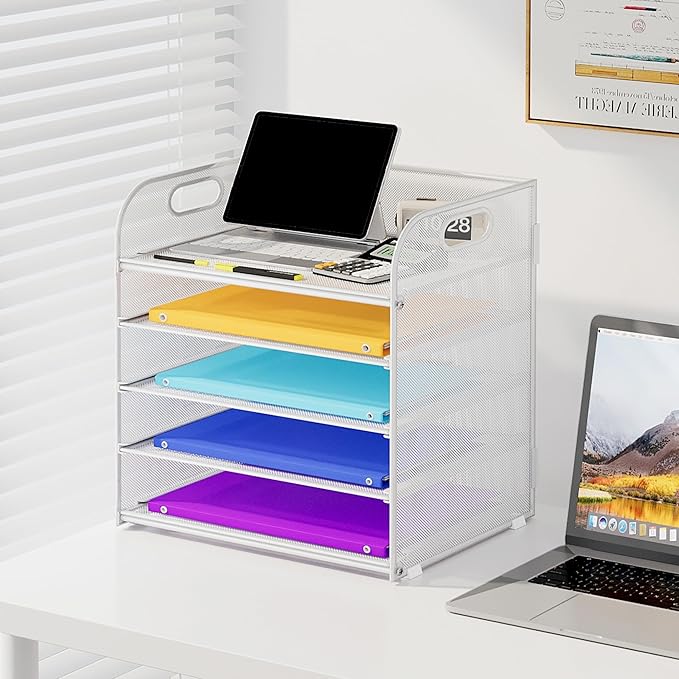 5 Tier Paper Organizer with Handle, Metal Mesh Desk Organizer File Folder Organizer Paper Letter Tray Desktop Document Sorter for Classroom, School, Office Organization and Storage - White