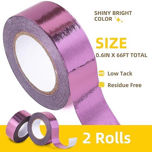 Solid Foil Washi Tape - Low Tack Self Adhesive Decorative Washi Tape Shiny Metallic Color - 3/5 Inch Wide and 66 FT Long Total, Pink