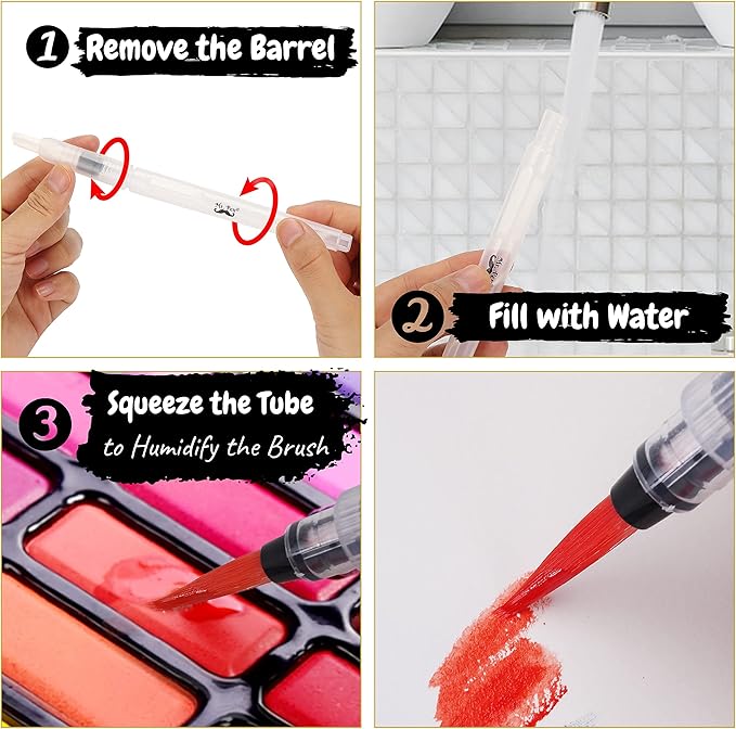 Mr. Pen Watercolor Brush Pens, 6 pcs, Pointed & Flat Tips, Nylon Bristles, White, Refillable, Portable Ink/Water Brush