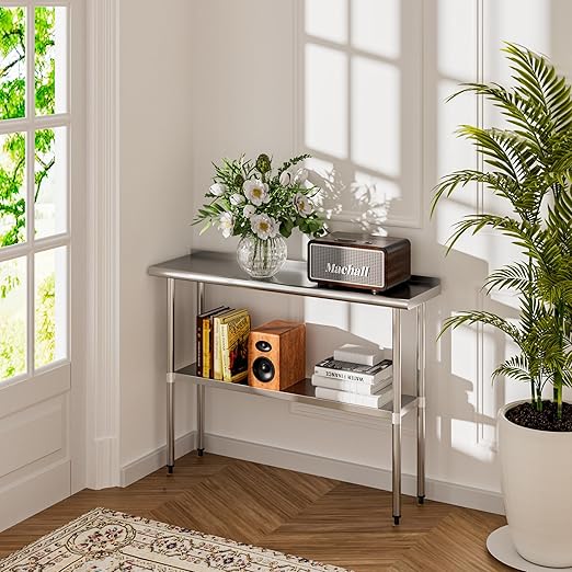 Stainless Steel Table 14 x 48 Inches Metal Prep Table with Backsplash & Adjustable Undershelf for Commercial Kitchen, Outdoor, Restaurant, Hotel & Garage