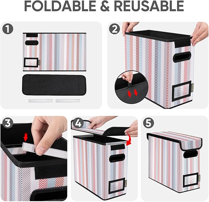 BALEINE File Organizer Box with Lid, Collapsible File Folder Organizer with Plastic Slide, Hanging File Folder Box for Office Document Storage (1 Pack, Color Stripe, S)