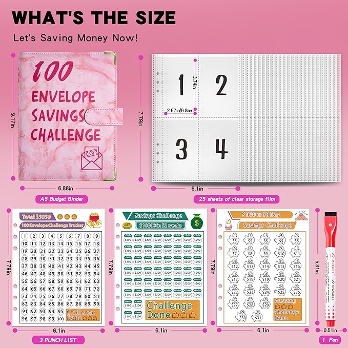 100 Envelopes Challenge Binder Savings Challenges Book, A5 Money Saving Planner Cash Envelope Budget Binder with Erasable Pen, Easy and Fun Way to Save $5,050, 10,000 and $500 (Marble Pink)