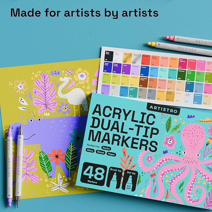 ARTISTRO 48 Acrylic Paint Markers for Fabric, Rocks, Paper, Wood, Canvas, Glass, DIY - Safe for Kids Dual Tip Acrylic Paint Pens