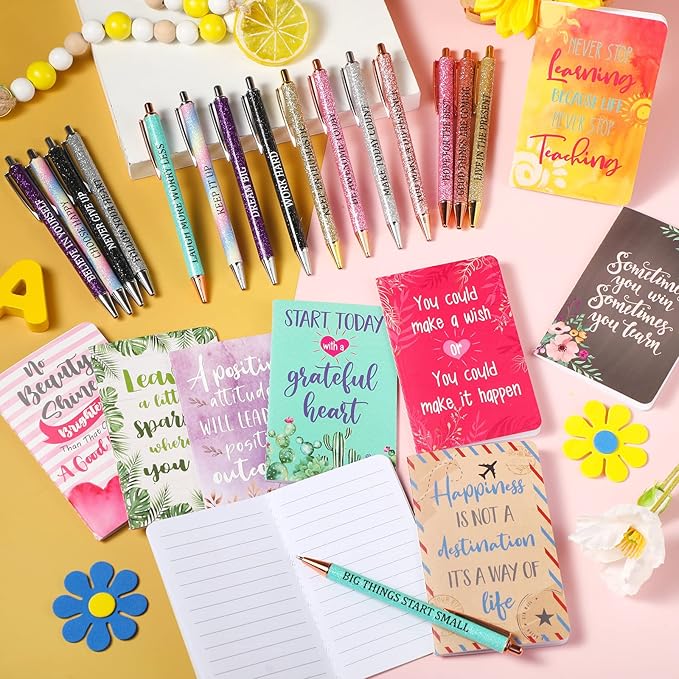 Funrous 32 Pcs Motivational Quote Pens Inspirational Notepads Mini Journal with Ballpoint Pen Small Notebooks Gift Set for Men Women Coworkers, Adult Party Favors Prizes Gift Bulk(Cute)
