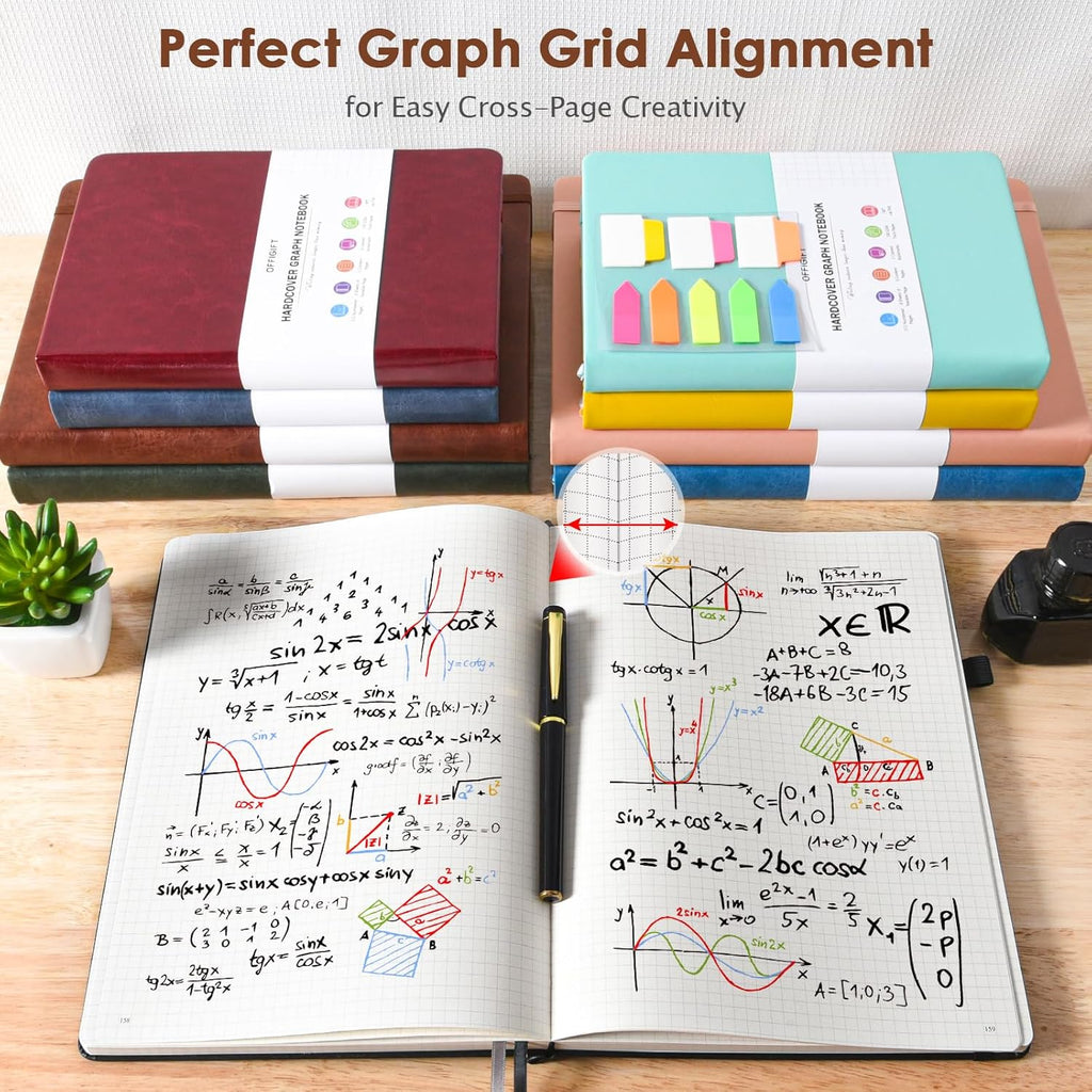 Graph Paper Notebook, 312 Numbered Pages Large B5 Hardcover Leather Journal, 100gsm No Bleed Grid Paper Notebook with Index Pages, Grid Notebook for Graphing Notes Math, 7.6'' X 10'', Brown