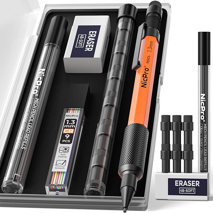 Nicpro 1.3 mm Mechanical Pencils Set with Lead Refill Black & Colors, Eraser - Orange Weatherproof Metal Heavy Duty Carpenter Pencil for Outdoor Marking Drafting Drawing Sketching Woodworking in Case