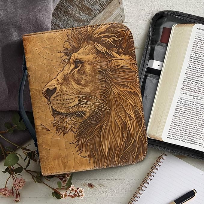 Lotusorchid Lion Print Bible Bag for Men, PU Leather Bible Cover Sturdy Bible Book Carrying Bags Christian Bible Study Accessories for Bible Study, Brown, 2XL