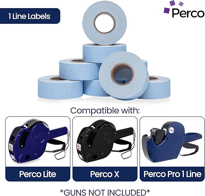 Perco 1 Line Blue Labels - 8 Rolls, 1 Sleeve, 8,000 Blank Price and Date Gun Labels for Perco 1 Line Price and Date Guns - Made in USA