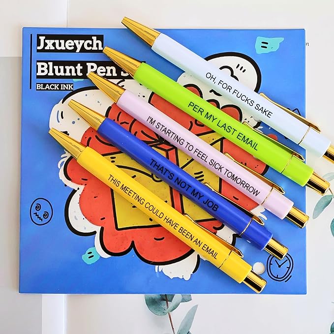Jxueych Funny Pens 5-Count, Black Ink,Medium Nib 1.0mm, Funny Office Gifts for Coworkers, Personalized Pens Vibrant Funny Quotes Swear Word Daily Pen Set (Blunt Pens)