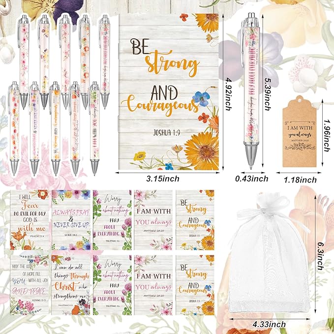 200 Pcs Bible Verse Sets Church Christian Gift Include 50 Scripture Notebooks 50 Bible Bamboo Pens 50 Thanks Tags 50 Organza Bags for Women Man Christian Party Gifts(White,Floral)