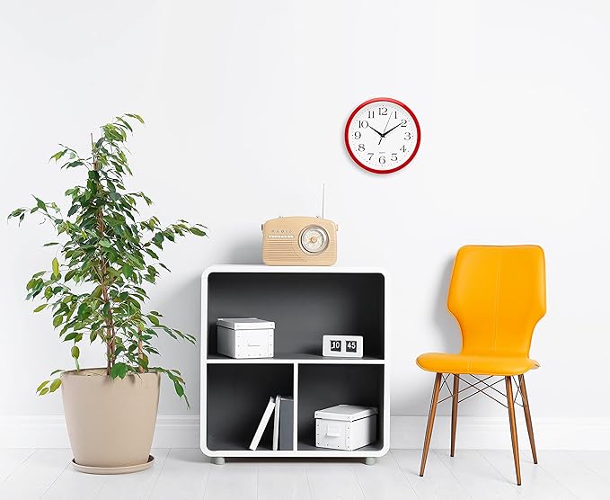 Bernhard Products Red Wall Clock Silent Non Ticking - 10 Inch Quality Quartz Battery Operated Round Easy to Read Home/Kitchen/Office/Classroom/School Clocks, Vintage Retro Red Frame Black Numbers