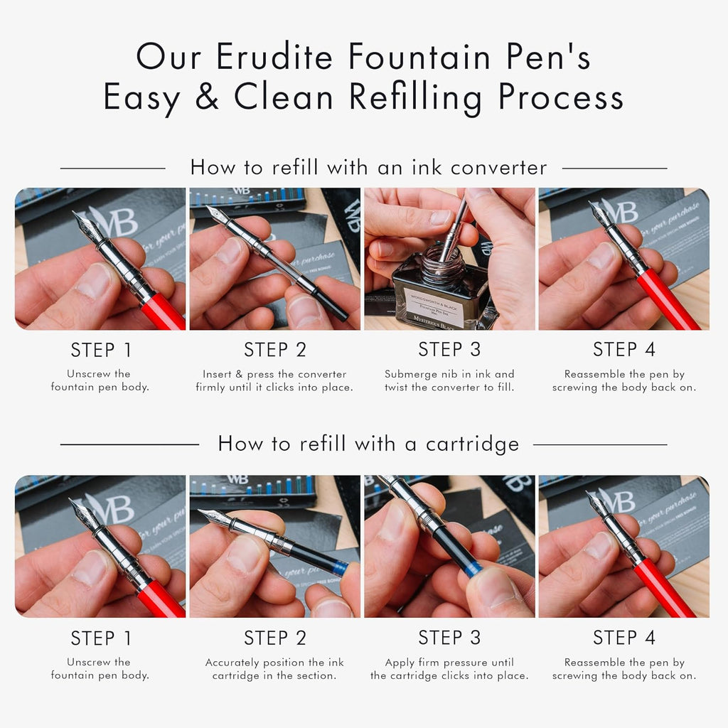 Wordsworth & Black Fountain Pen Set, Medium Nib, Includes 24 Pack Ink Cartridges, Ink Refill Converter & Gift Pouch, Chrome Finish, Calligraphy, [Crimson Red], Perfect for Men & Women