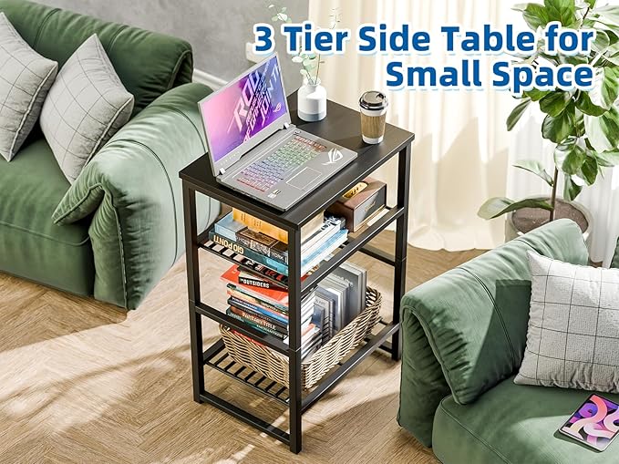 Printer Stand Holder 3 Tier - Heavy Duty Metal Shelving Unit for Under Desk Printer Storage Office Organizer, Industrial Printer Side Table with Wood Desktop for Scanner Fax Machine Black