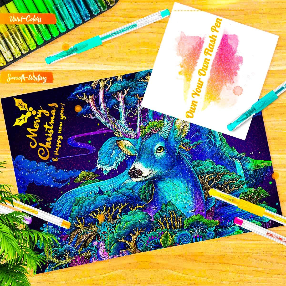 Soucolor Glitter Gel Pens for Adult Coloring Books, Back to School Supplies, 120 Pack-60 Glitter Pens, 60 Refills and Travel Case, 40% More Ink Markers Set for Drawing Doodling Journaling Art Supplies