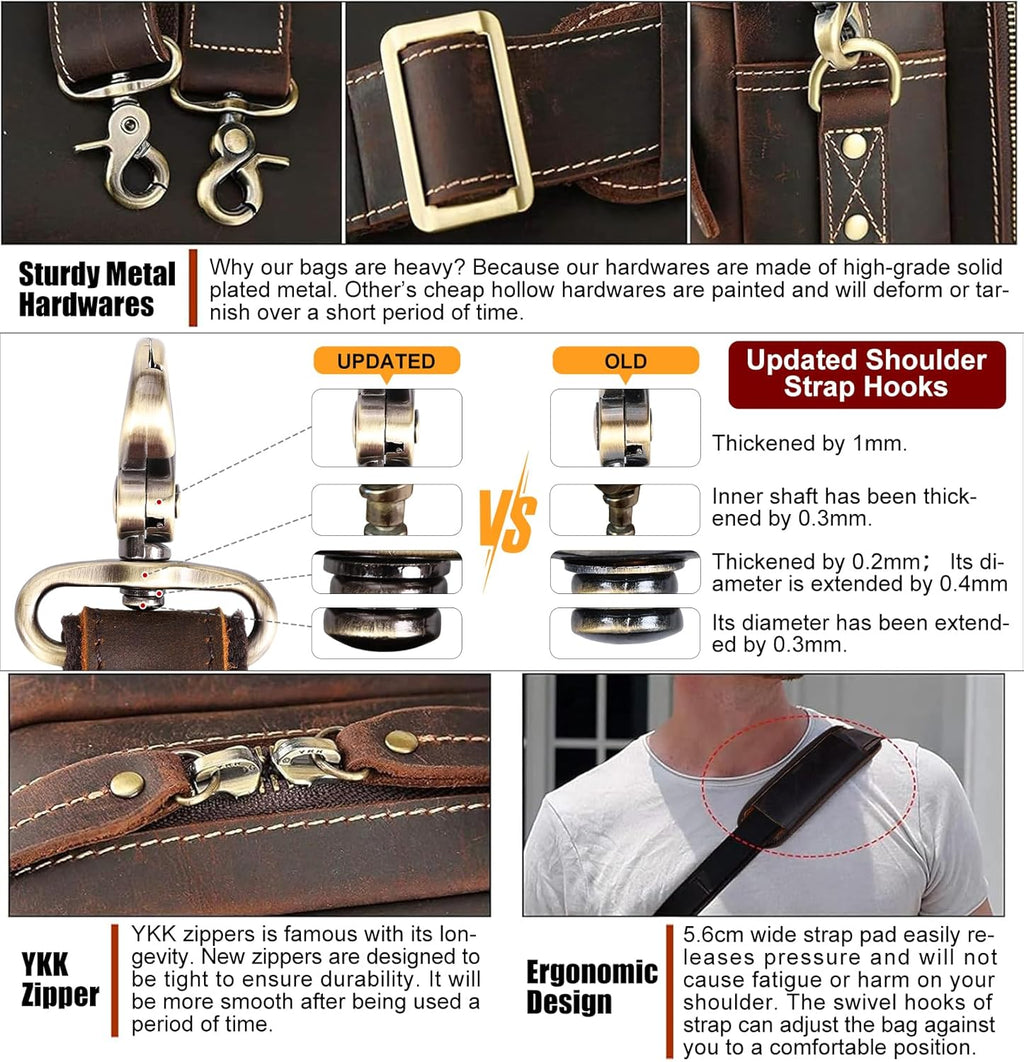 Masa Kawa Leather Briefcase for Men 15.6" - 17" Laptop Computer Case Business Travel Work Messenger Cross Body Shoulder Bag