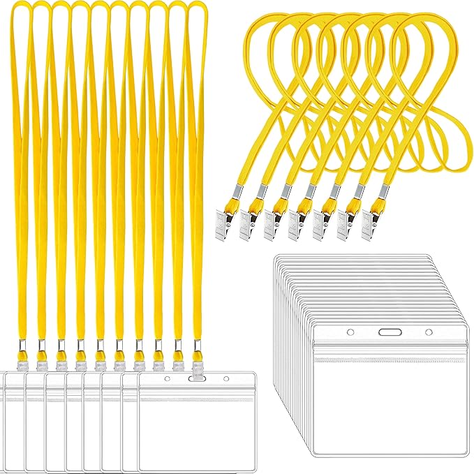 100Pcs Clear Plastic Horizontal Name Tags Badge ID Card Holders and 100Pcs Lanyards with Clip (Yellow)
