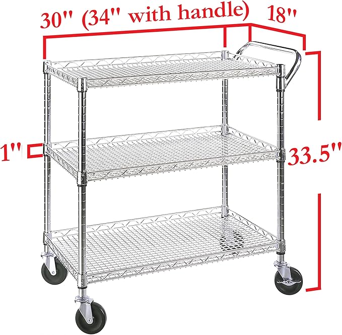 Seville Classics 3-Tier UltraDurable Commercial-Grade NSF-Certifed Service Utility Storage Cart, 34" W, Chrome (1 Pallet of 34 Packs)