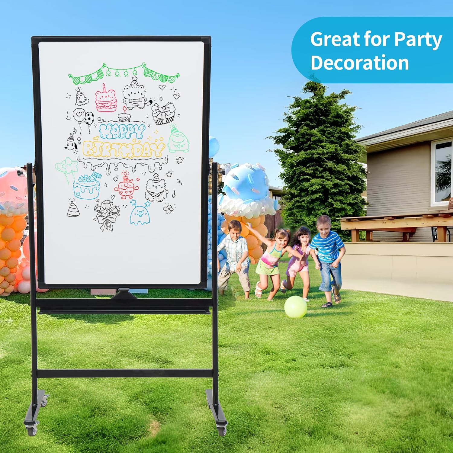 40" x 28" Double-Sided Mobile Whiteboard with Wheels | Rolling Magnetic Dry Erase Board on Stand | Adjustable Height Black Frame White Board for Office, Classroom & Home