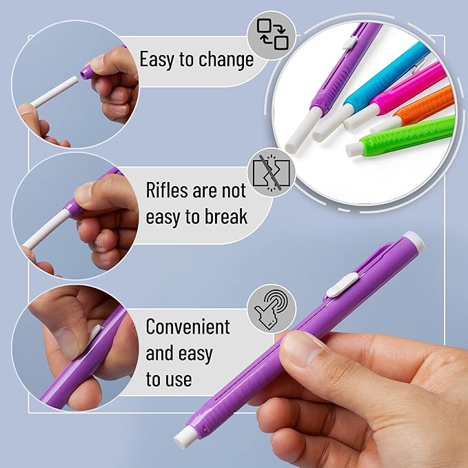 Mr. Pen- Retractable Mechanical Pencil Eraser, Pack of 6, Vibrant Colors, Artist & Pen Eraser