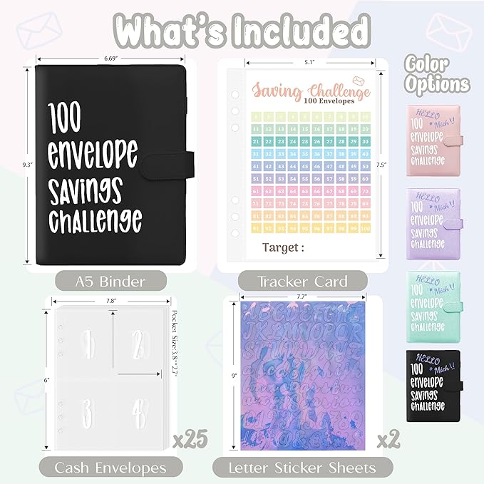 100 Envelopes Challenge Binder, A5 Money Saving Budget Binder with Cash Envelopes, Savings Challenges Book (Black)