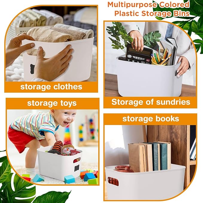 Thyle 12 Pack Plastic Storage Bins with Lids and Handles Colorful Stackable Desktop Storage Box Bins with Marker Label for Office Classroom Cabinet Shelf Drawer Kitchen, 10x7x6 Inch(White, Ivory)