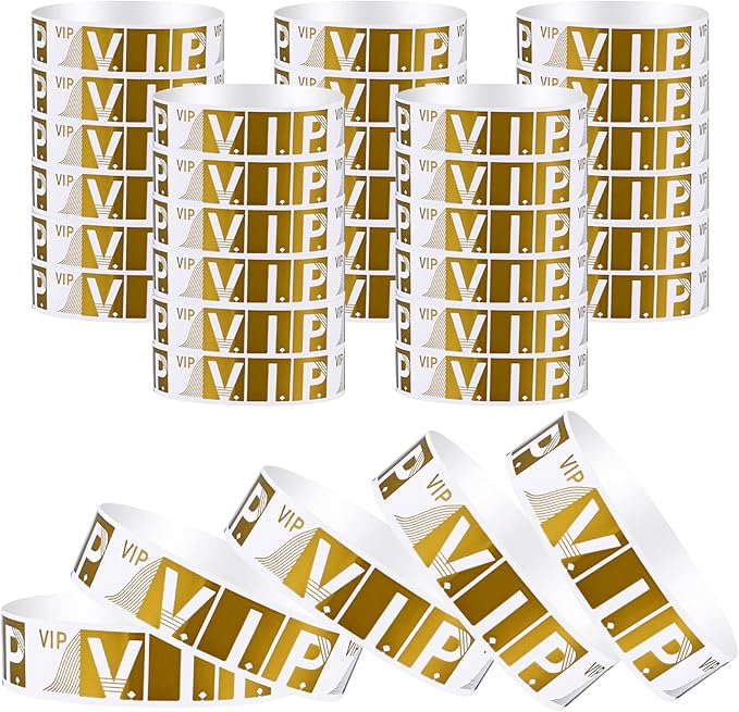 100 Pcs VIP Wristbands for Events Waterproof Paper Bracelets Lightweight Event Wristbands for Party Concert Club Amusement Park Festivals (Gold)