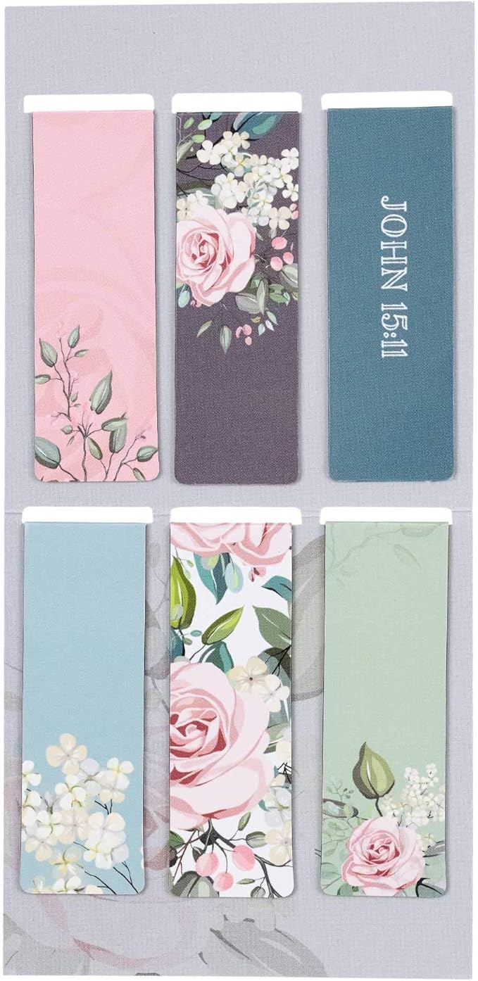 Christian Art Gifts Magnetic Scripture Bookmark Set for Women: That Joy May Be in You - John 15:11 Inspirational Floral Magnetic Bible Verse Pagemarker Set of 6 for Bibles and Books, Size 2.3” x 0.8”