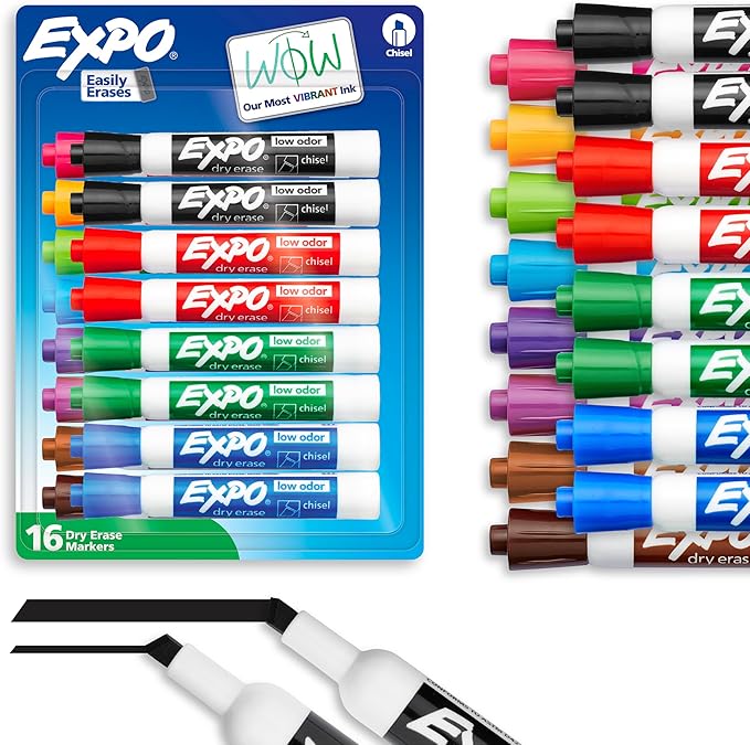 EXPO Low Odor Dry Erase Markers, Chisel Tip, Assorted Colors, 16 Count