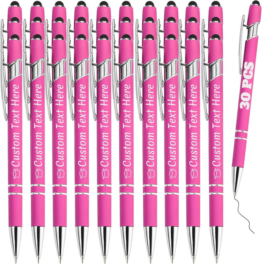 Personalized Pens Bulk 30 with Name Custom Engraving Ballpoint Pens with Stylus Tip Customized Smooth Writing Pens Personalized Gifts for Anniversary Birthday or Graduation(Pink,Black Ink)