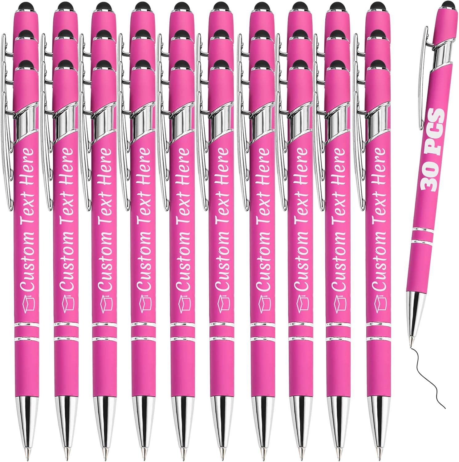 Personalized Pens Bulk 30 with Name Custom Engraving Ballpoint Pens with Stylus Tip Customized Smooth Writing Pens Personalized Gifts for Anniversary Birthday or Graduation(Pink,Black Ink)