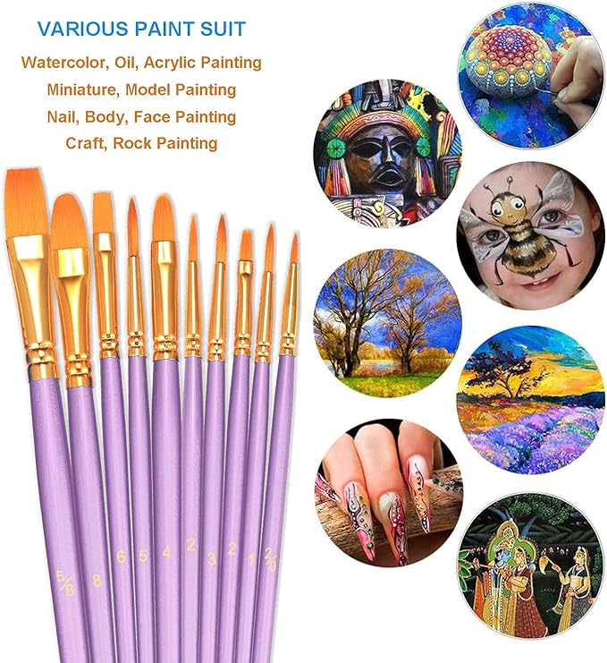 BOSOBO Paint Brushes Set, 6 Pack 60 Pcs Round Pointed Tip Paintbrushes Nylon Hair Artist Acrylic Paint Brushes for Acrylic Oil Watercolor, Face Nail Art, Miniature Detailing & Rock Painting, Purple