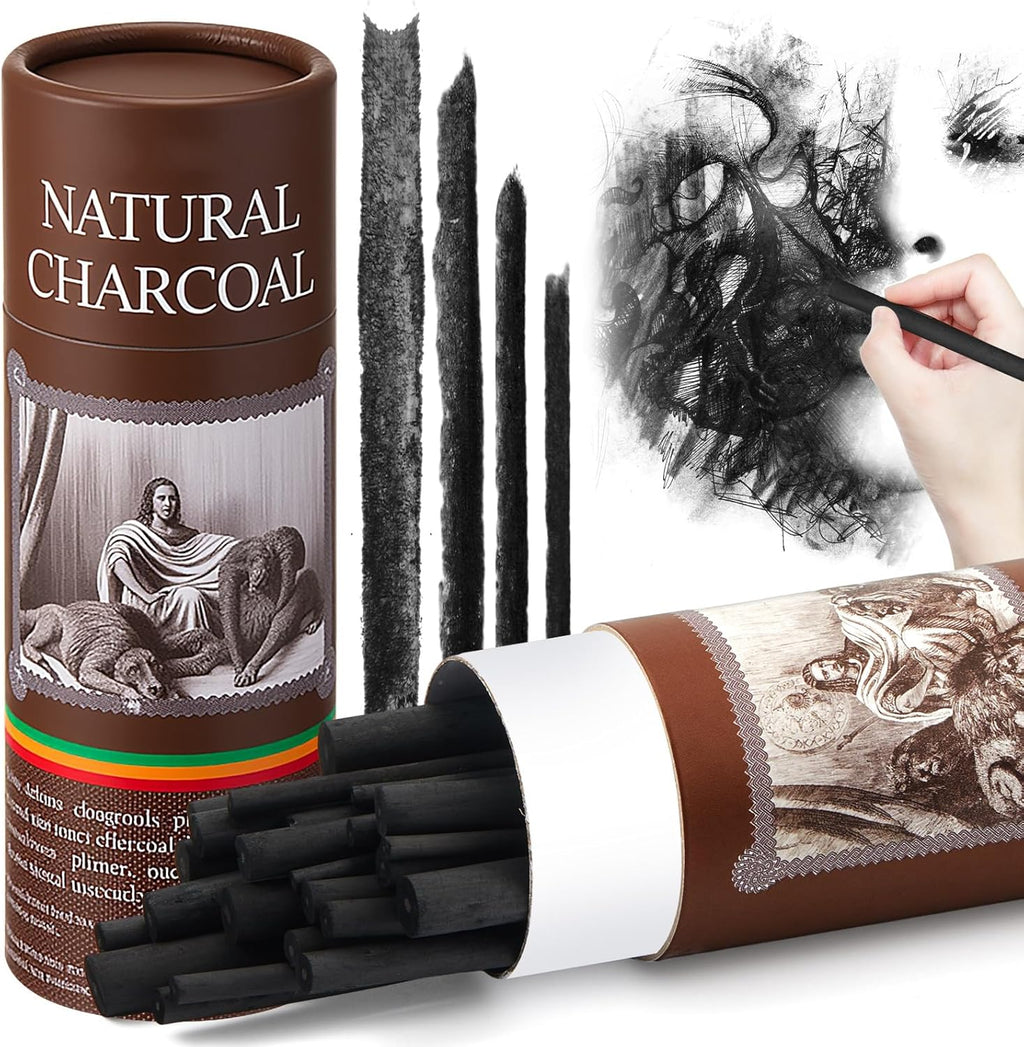 Gueevin 24 Pcs Willow Charcoal Sticks, Willow Charcoal, Artists, Beginners, Students, Perfect for Sketching, Drawing, Shading, and Fine Art (2-4mm，4-5mm，5-7mm，7-9mm)