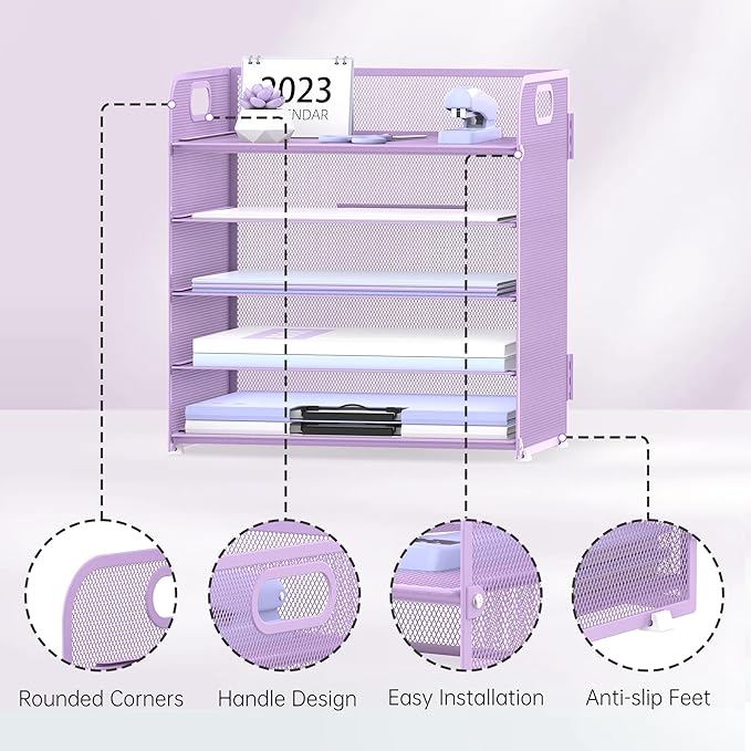 Supeasy 5 Trays Paper Organizer Letter Tray with Handle-Mesh Desk File Organizer, Paper Sorter Desk Organizer for Office, Home or School