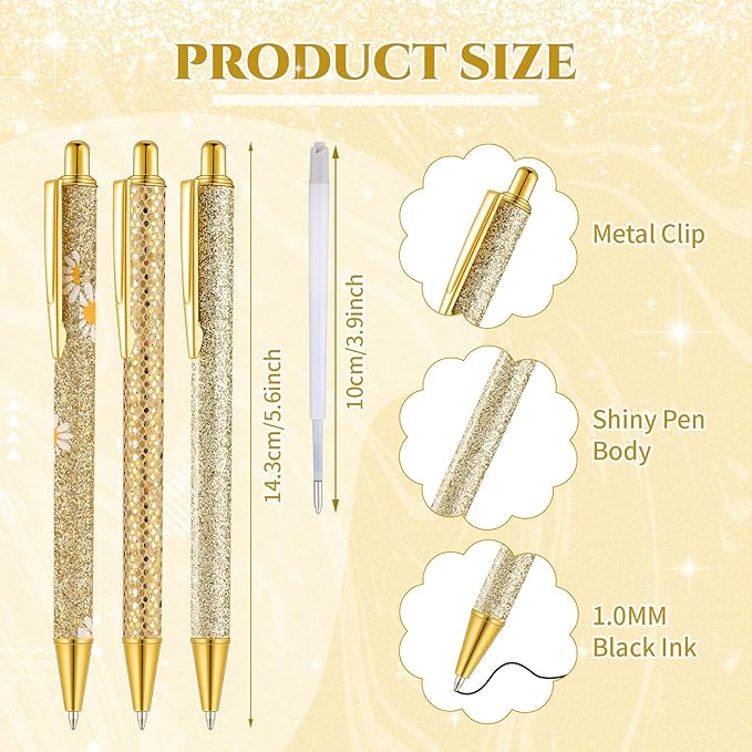 Sherr 7 Pcs Fancy Pens for Women Cute Sparkly Glitter Pens with 10 Pcs Black Ink Refills Pretty Gifts for Girls Office School Christmas Graduation(Gold,Delicate)