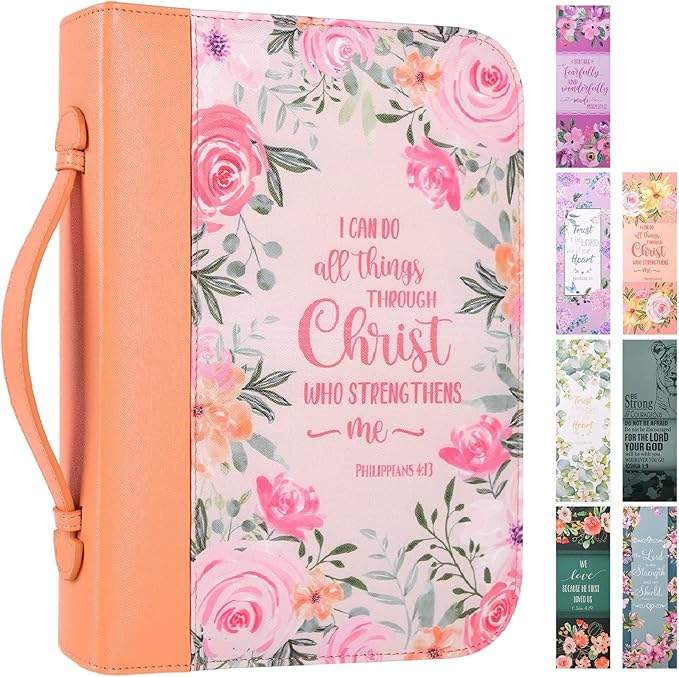 Bible Cover Case for Women with 7 Beautiful Paper Bookmarks Floral PU Leather Bible Cover Bag with Pockets and Zipper for Standard and Large Size Study Bible 10.8"x7.8"x2" (Coral Floral)
