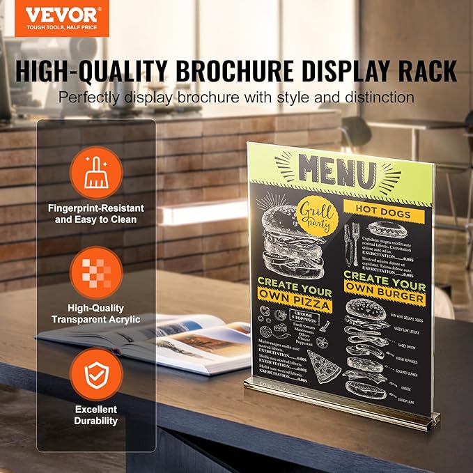 VEVOR Acrylic Sign Holder, 6 Pack 8.5 x 11-inch Brochure Display Holders, T-Shape Double Sided Display Sign Stand, Clear Acrylic Table Menu Photo Paper Holder for Restaurant Office Wedding Bar