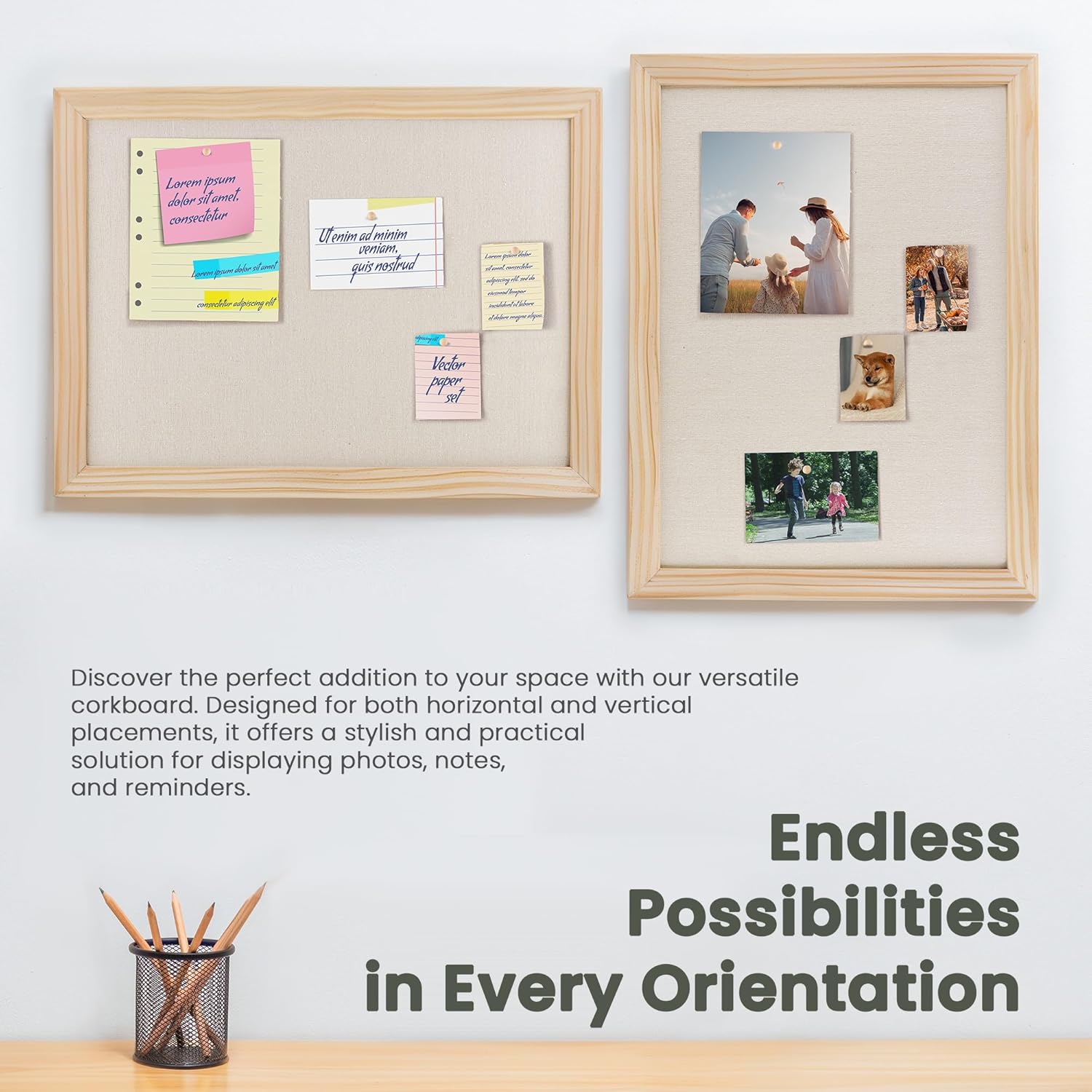 Bulletin Board Cork Board with Linen, 100% Wood Framed 18" x 24" Bulletin Board Decorations, Pin Boards for Walls, Wall Mounted Fabric Picture Board with 10 Pushpins for School, Home & Office, Natural