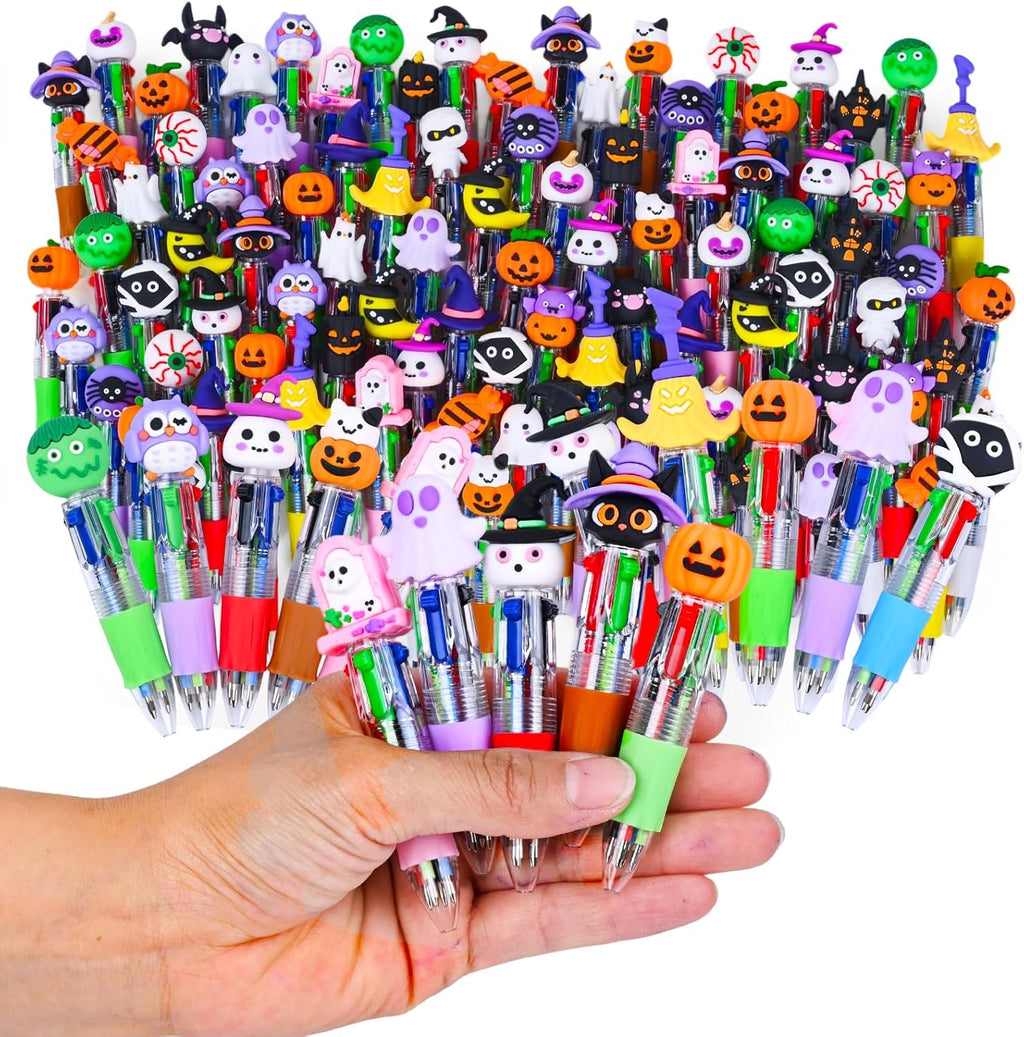 LiYiQ 100 Pcs Halloween Colorful Multicolor Pen in One Cartoon Cute Fun 4-in-1 Cute Pens Bulk Kawaii Pumpkin Ghost Bat Shape Cool Ballpoint Pens for Kids Fun Gifts