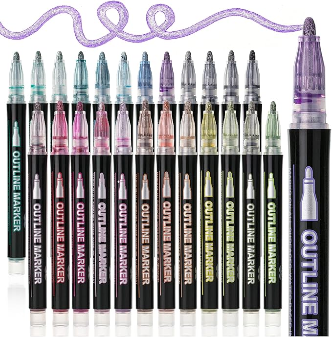Mr. Pen- Double Line Outline Markers, 24 Colors, Shimmer Markers Outline Double Line, Metallic Outline Markers Self-Outline Metallic Markers, Outline Pens, Outline Marker, Outline Markers for Drawing