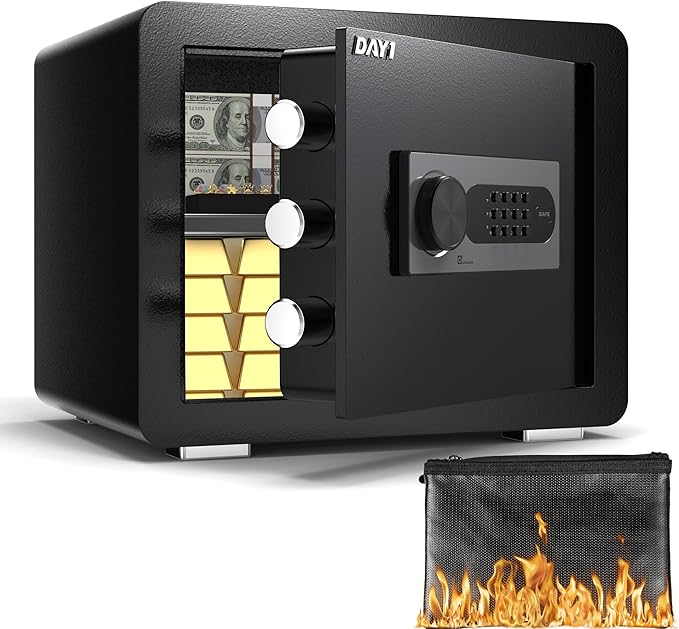DAYI Safe Box, 0.8 Cubic Feet Home Safe with Fireproof Waterproof Bag, Security Safe Box for Money Cash Valuables, Digital Electronic Keypad, Dual Alarm System, Removable Shelf - D-25