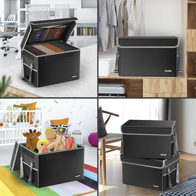 DocSafe File Box Fireproof File Storage Organizer Box with Lid,Collapsible Document Storage Filing Box for Hanging Letter/Legal Folder,Portable Home Office Safe Box Cabinet with Handle,Black,2 Pack