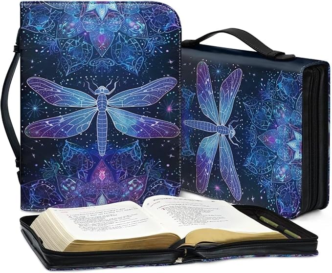 Lotusorchid Dragonfly Print Bible Covers for Women PU Leather Bible Case, Portable Bible Tote Bag Bible Book Carrying Case Christian Bible Accessories with Handle Pocket, Blue, 2XL