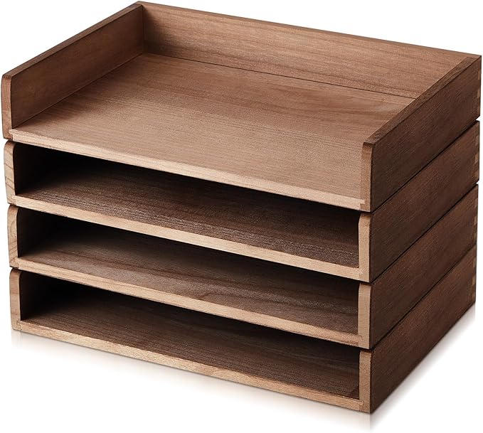 Yeaqee 4 Pcs Stackable Paper Tray Letter Tray Desktop Letter Size Wood Desk Organizer Office Wooden Desk Shelf Paper Holder Folder Organization Rack for Mail File Letter Document (Dark Wood Color)