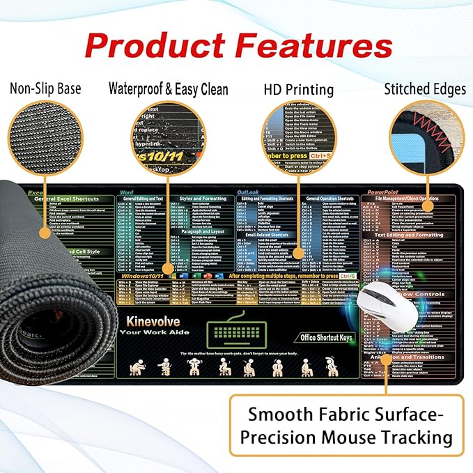Excel/Word/Outlook/Windows/PowerPoint Shortcut Keys Mouse Pad, Shortcut Mat for Pc Office,Large XXL Gaming Mousepad,Non-Slip Stitched Edge 35.4" x 15.7"